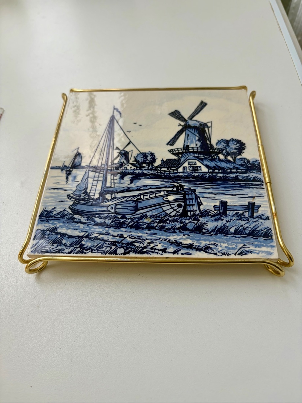 VTG Delft Blue Tile Trivet Brass Footed Frame Dutch Windmill Boat Cottagecore
